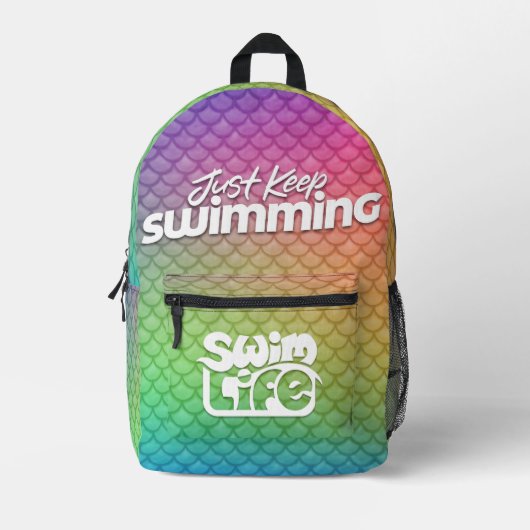 "Just Behalt Swimming" Regenbogenwaage Schwimmbad Bedruckter Rucksack (Vorderseite)