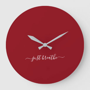 Just breathe burgundy elegant script yoga  große wanduhr