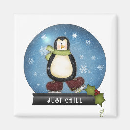 JUST CHILL Pinguin Ice Skaten Inside Snowglobe Magnet