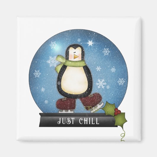 JUST CHILL Pinguin Ice Skaten Inside Snowglobe Magnet (Vorne)