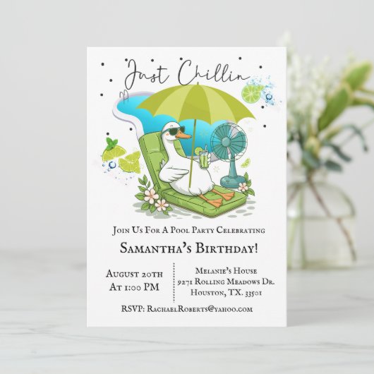 Just Chillin Albern Goose Birthday Pool Party Einladung (Stehend Vorderseite)
