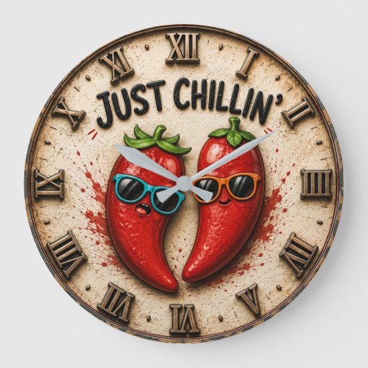 Just Chillin' Funny Chili Pepper Kitchen Humor Große Wanduhr (Vorderseite)