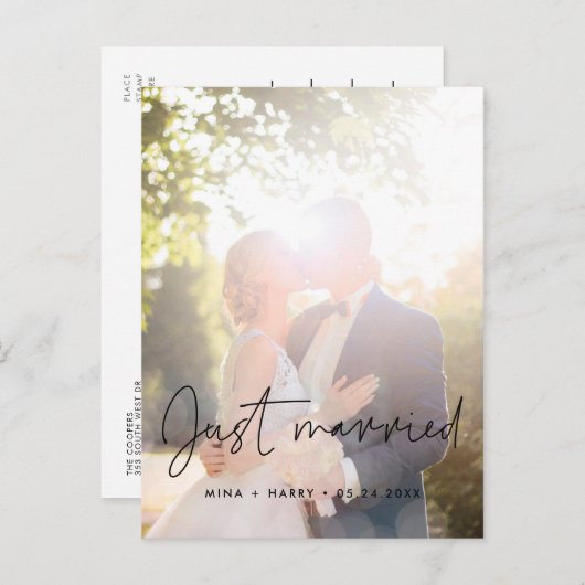 Just heiratete Minimalistische Ankündigung Foto Postkarte (Vorne/Hinten)
