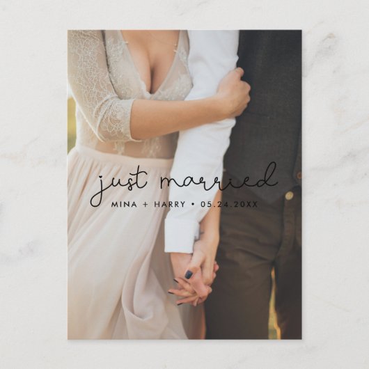 Just heiratete Niedliche Skript Hochzeit Foto Postkarte (Vorderseite)