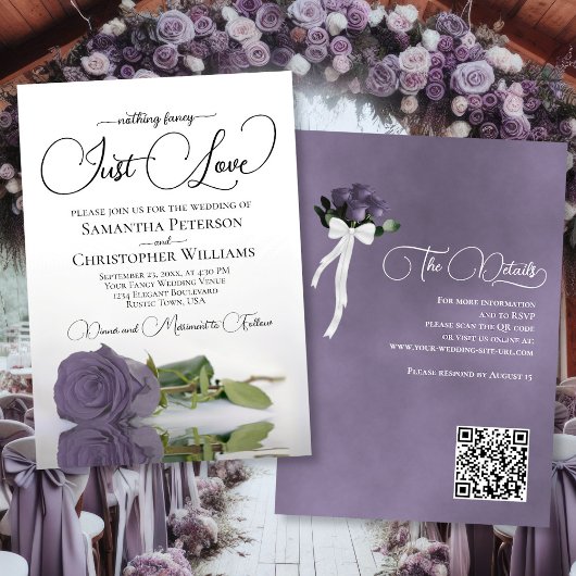 Just Liebe Chic Dusty Lila Rose QR Code Hochzeit Einladung