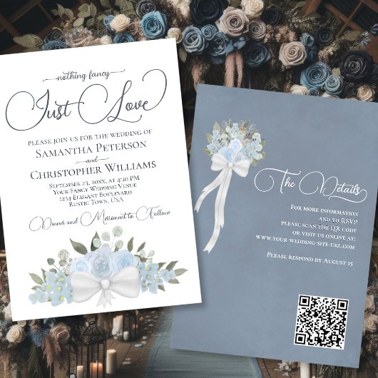 Just Liebe Dusty Blue Boho Floral QR Code Hochzeit Einladung