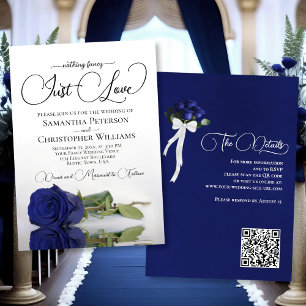 Just Liebe Elegant Navy Blue Rose QR Code Hochzeit Einladung