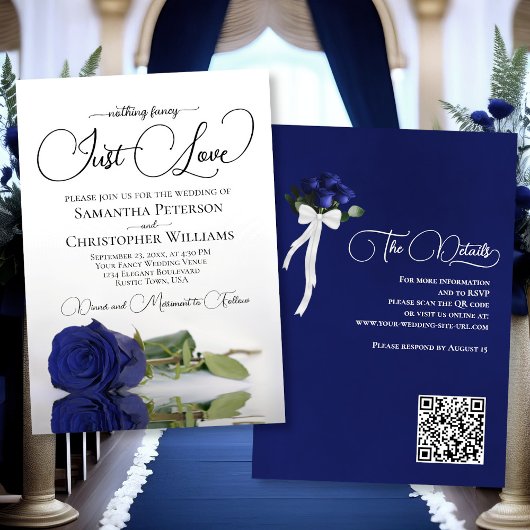Just Liebe Elegant Navy Blue Rose QR Code Hochzeit Einladung