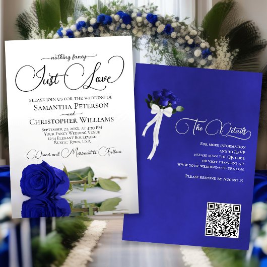Just Liebe Elegant Royal Blue Rose QR Code Hochzei Einladung