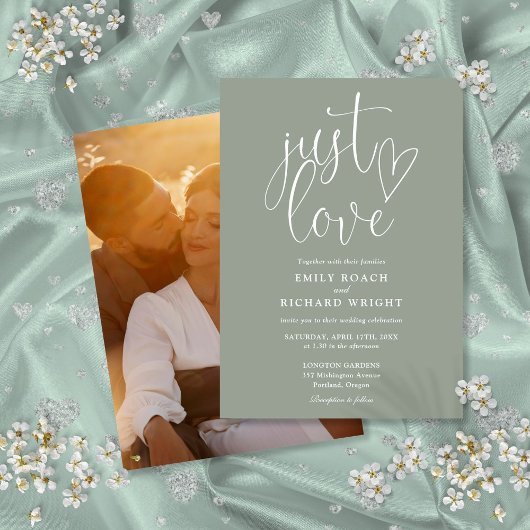 Just Liebe Elegante Script Foto Sage Green Wedding Einladung