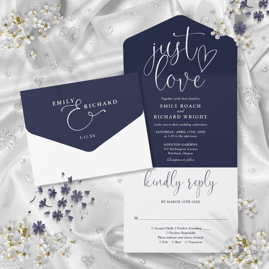 Just Liebe Elegante Script Navy Blue Wedding All In One Einladung