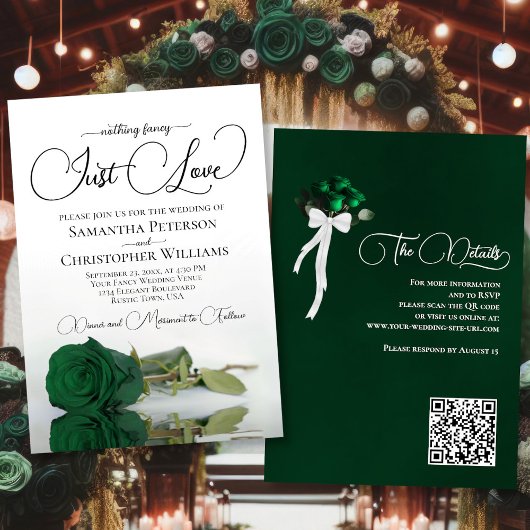 Just Liebe Emerald Green Rose QR Code Hochzeit Einladung