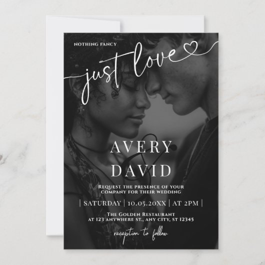 Just Liebe Minimalistisch Hochzeit Black Foto Einladung (Vorderseite)