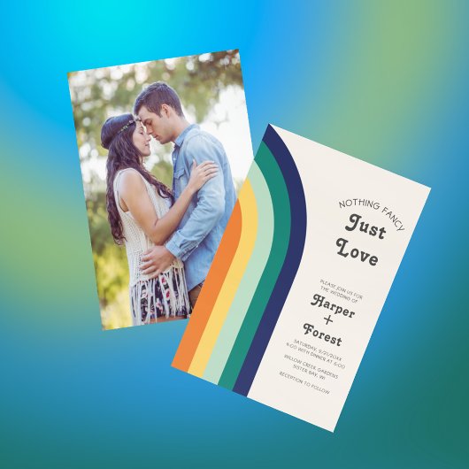 Just Liebe Retro 70er Rainbow Foto Hochzeit Einladung