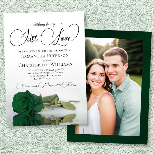Just Love Emerald Green Rose Photo on Back Wedding Einladung