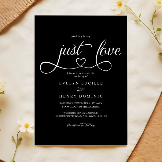 Just Love Heart Script Sleek Black Wedding Einladung