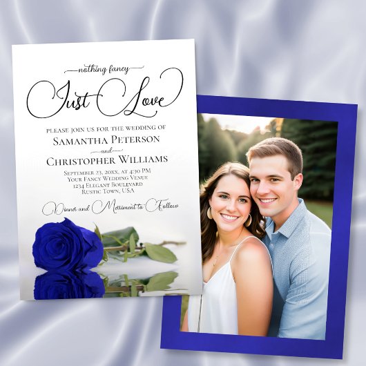 Just Love Royal Blue Rose Wedding Photo Back Einladung
