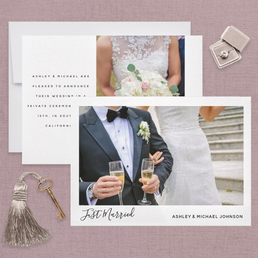 Just Married 2 Foto Elopement Hochzeit Ankündigung