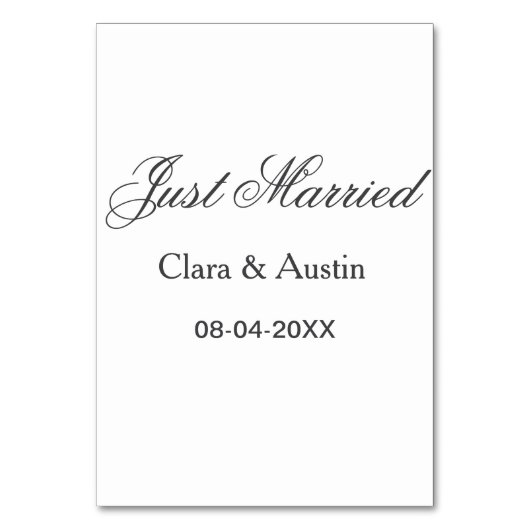 Just Married add couple name date year wedding sim Tischnummer (Vorderseite)