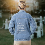 Just Married Already Awesome Funny  Jeansjacke<br><div class="desc">Title: "Eternalize Your Union with Our Personalized Wedding Jean Jacket" Unveiling our exquisite Personalized Wedding Jean Jacket, a timeless emblem of your unique love story and the adventurous journey that awaits. Crafted with love and tailored to perfection, this jacket becomes an emblem of your shared journey as it beautifully carries...</div>