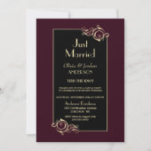 Just Married Black Burgundy Gold Hochzeit Empfang Einladung (Vorderseite)