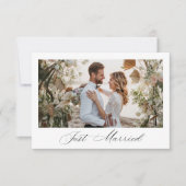 Just Married black script wedding announcement Dankeskarte (Vorderseite)