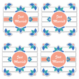 Just Married Blue Blumen Weiße Stangen Aufkleber