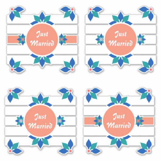 Just Married Blue Blumen Weiße Stangen Aufkleber (Vorderseite)
