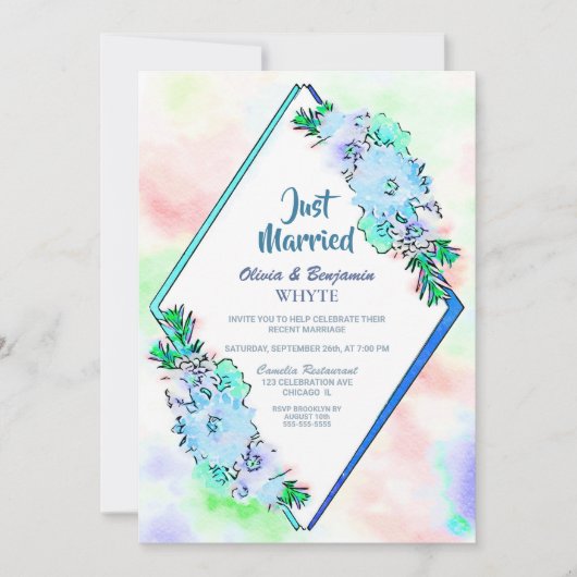 Just Married Blue Floral Hochzeitsempfang Einladung (Vorderseite)