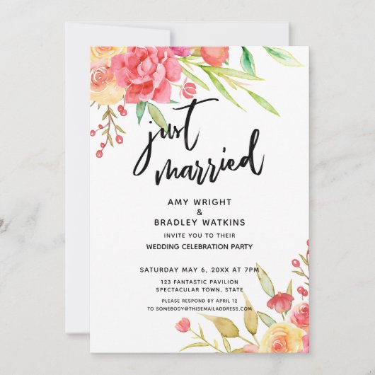 Just Married Boho Blume Hochzeitsempfang Einladung (Vorderseite)