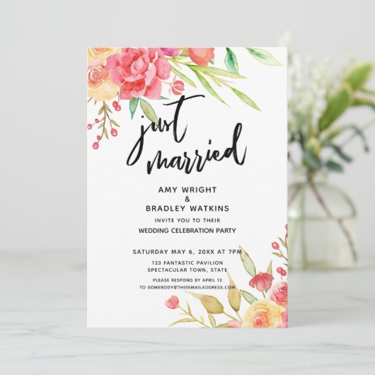 Just Married Boho Blume Hochzeitsempfang Einladung (Stehend Vorderseite)