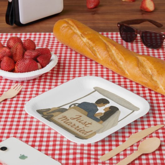 'Just Married' Bridge and Groom in a Golf Cart Pappteller (Picknick)