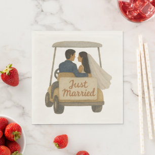 'Just Married' Bridge and Groom in a Golf Cart Serviette