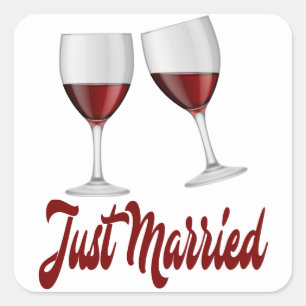 Just Married Burgundy Red Wine Glasses Quadratischer Aufkleber