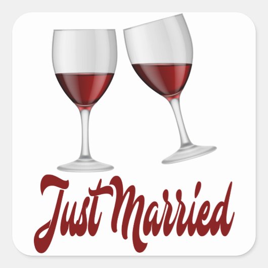 Just Married Burgundy Red Wine Glasses Quadratischer Aufkleber (Vorderseite)