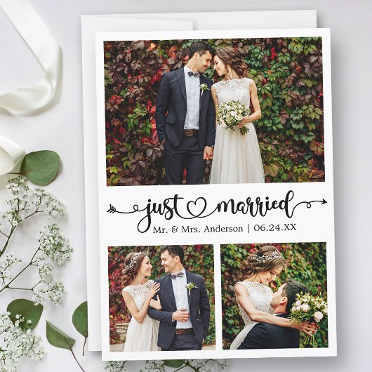 Just Married Calligraphy Heart 3 Foto Wedding Ankündigung