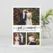 Just Married Calligraphy Heart 3 Foto Wedding Ankündigung (Stehend Vorderseite)
