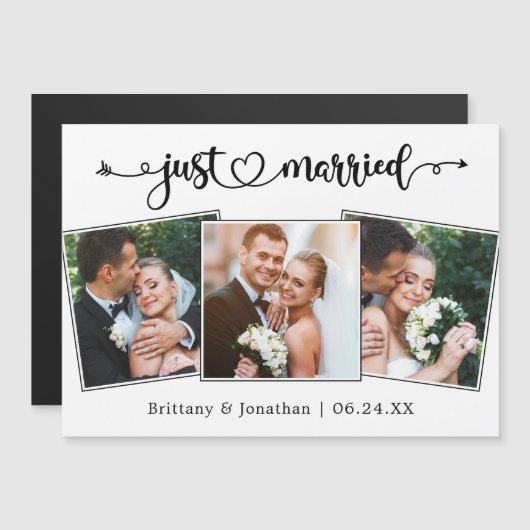 Just Married Calligraphy Heart 3 Photo Magnet Card (Vorne/Hinten)