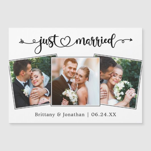 Just Married Calligraphy Heart 3 Photo Magnet Card (Vorderseite)