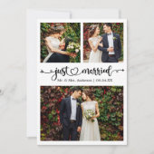 Just Married Calligraphy Herz 3 Fotos Hochzeit Ankündigung (Vorderseite)