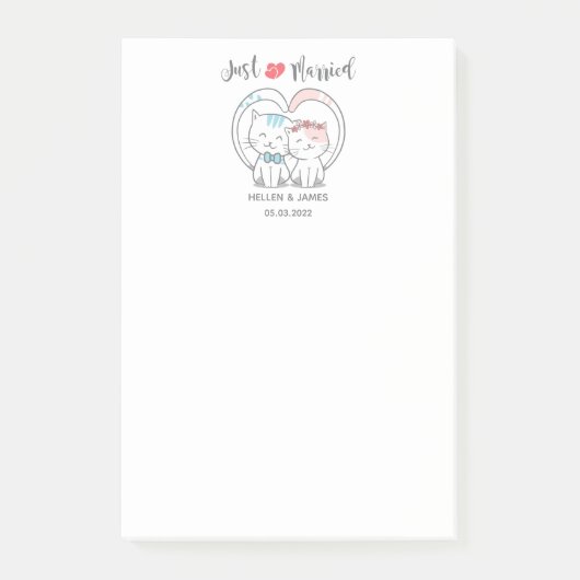 Just Married Cat Wedding Post-it Klebezettel (Vorderseite)