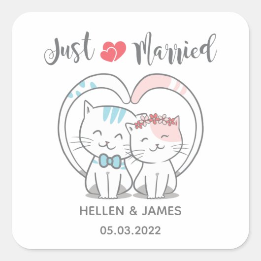 Just Married Cat Wedding Quadratischer Aufkleber (Vorderseite)