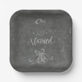 Just Married Chalkboard Wedding Rings Bells Square Pappteller (Vorderseite)