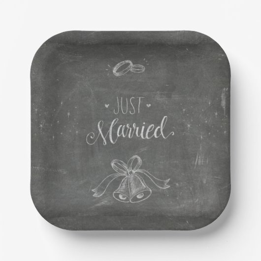 Just Married Chalkboard Wedding Rings Bells Square Pappteller (Vorderseite)