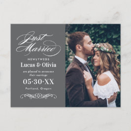 Just Married Charcoal Gray Elegant Wedding Foto Ankündigungspostkarte