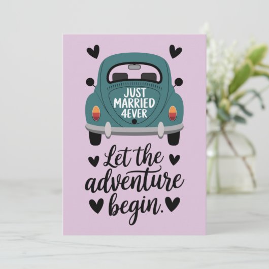 Just Married Classic Car Wedding Einladung (Stehend Vorderseite)