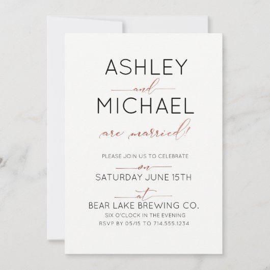 Just Married Copper Typografy Wedding Party Einladung (Vorderseite)