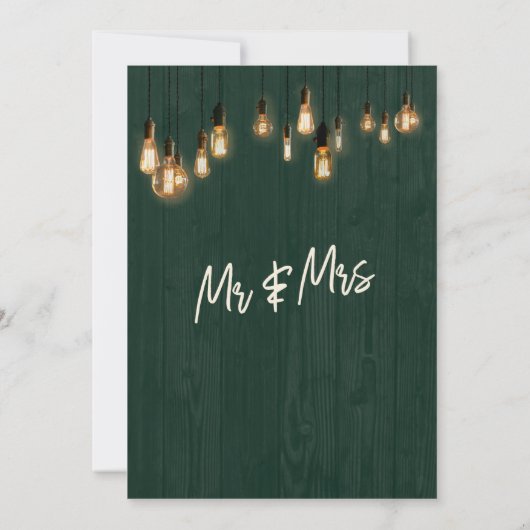 Just Married Dark Green Wood Edison Lights Einladung (Rückseite)