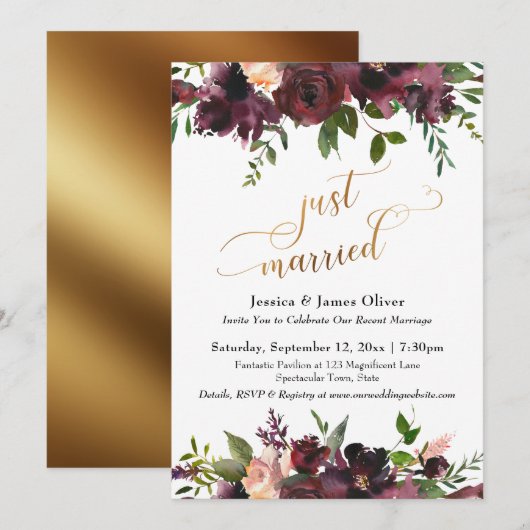 Just Married Deep Red Burgundy Floral Gold Script Einladung (Vorne/Hinten)
