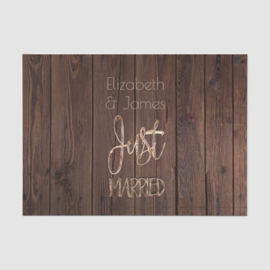 Just Married EleganGold Typografie Rustic Brown Seidenpapier (Vorderseite)